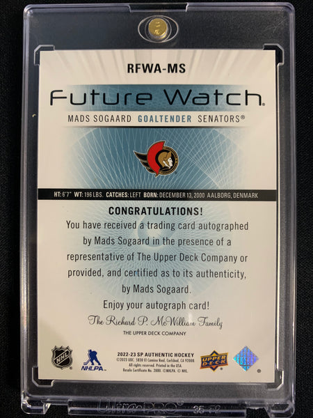 2022-23 UD SP AUTHENTIC HOCKEY #RFWA-MS OTTAWA SENATORS - MADS SOGAARD RETRO FUTURE WATCH AUTO ROOKIE 275/699