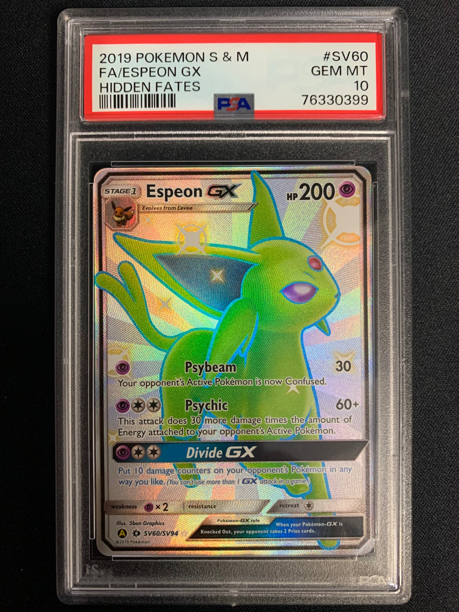 2019 POKEMON S & M HIDDEN FATES ESPEON GX FULL ART RARE SV60/SV94 - GRADED PSA 10 GEM MINT