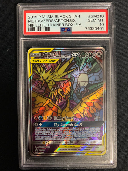 2019 POKEMON SUN & MOON HIDDEN FATES MOLTRES & ZAPDOS & ATRICUNO GX STAINED GLASS BLACK STAR PROMO SM210 - GRADED PSA 10 GEM MINT