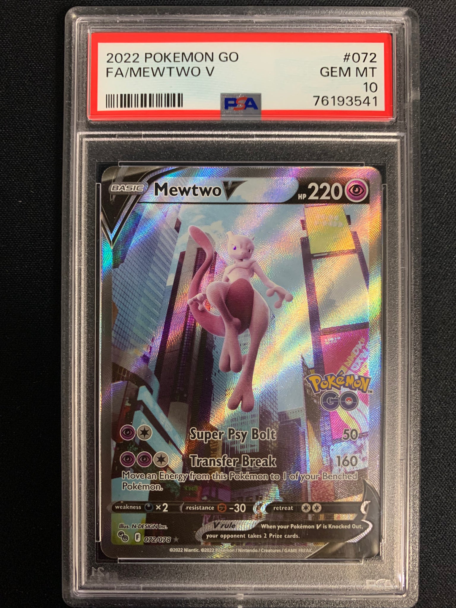 2022 POKEMON GO TCG MEWTWO V ALTERNATE FULL ART #072/078 - GRADED PSA 10 GEM MINT