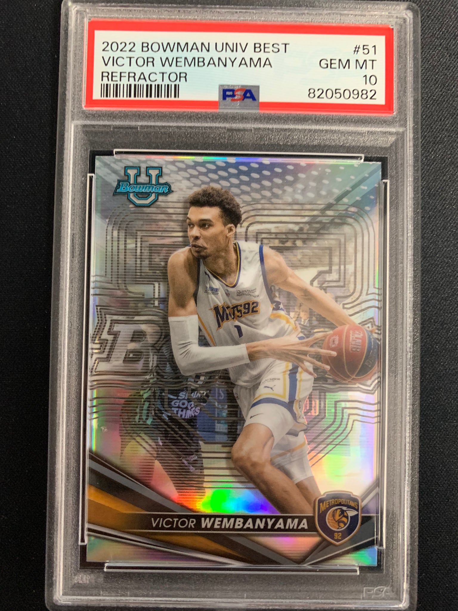 2022 BOWMAN UNIVERSITY BEST #51 SAN ANTONIO SPURS - VICTOR WEMBANYAMA REFRACTOR ROOKIE - GRADED PSA 10 GEM MINT