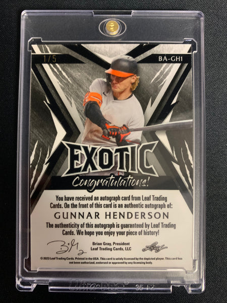 2023 LEAF EXOTIC BASEBALL #BA-GHI BALTIMORE ORIOLES - GUNNAR HENDERSON ROOKIE AUTO #'D 1/5