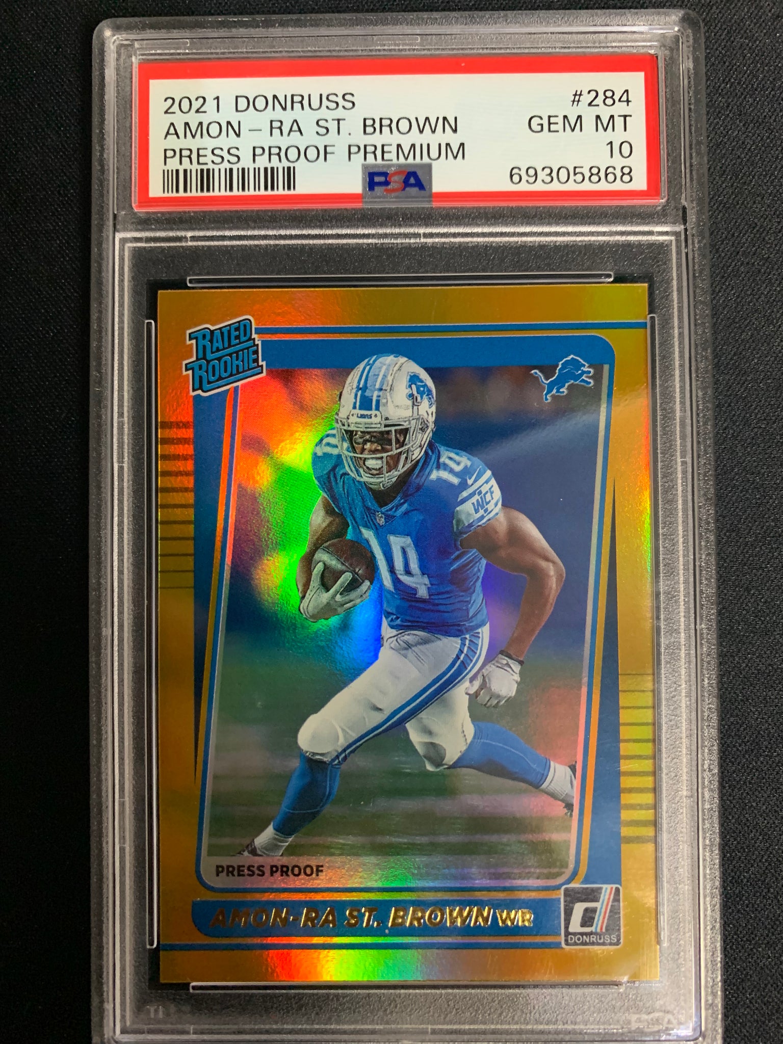 2021 PANINI DONRUSS FOOTBALL #284 DETROIT LIONS - AMON-RA ST.BROWN PRESS PROOF PREMIUM ROOKIE - GRADED PSA 10 GEM MINT