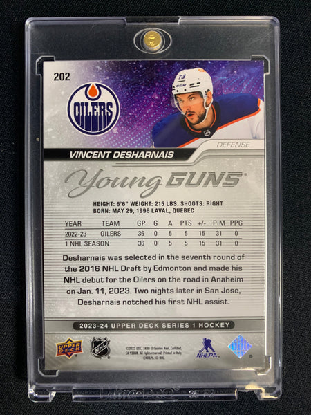 2023-24 UPPER DECK SERIES 1 HOCKEY #202 EDMONTON OILERS - VINCENT DESHARNAIS EXCLUSIVES YOUNG GUNS ROOKIE #'D 027/100