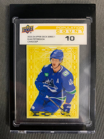 2023-24 UPPER DECK SERIES 1 HOCKEY #PC-17 VANCOUVER CANUCKS - ELIAS PETTERSSON GOLD POPULATION COUNT #'D TO 10