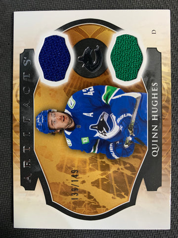 2023-24 UPPER DECK ARTIFACTS HOCKEY #129 VANCOUVER CANUCKS - QUINN HUGHES GAME USED DUAL PATCH #'D 139/149