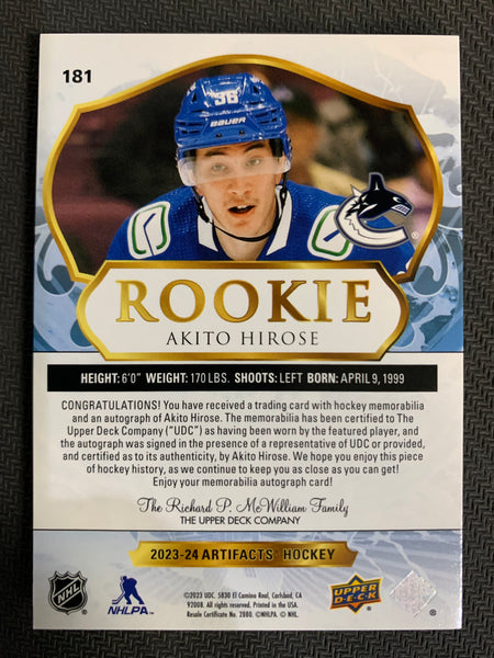 2023-24 UPPER DECK ARTIFACTS HOCKEY #181 VANCOUVER CANUCKS - AKITO HIROSE DUAL PATCH ROOKIE AUTO #'D 07/10