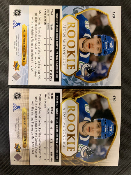 2023-24 UPPER DECK ARTIFACTS HOCKEY #179 VANCOUVER CANUCKS - AIDAN MCDONOUGH ROOKIE LOT OF 2