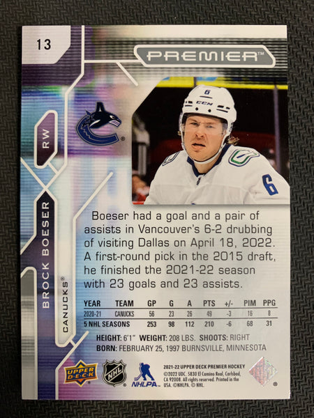 2021-22 UPPER DECK PREMIER HOCKEY #13 VANCOUVER CANUCKS - BROCK BOESER BASE #'D 218/299