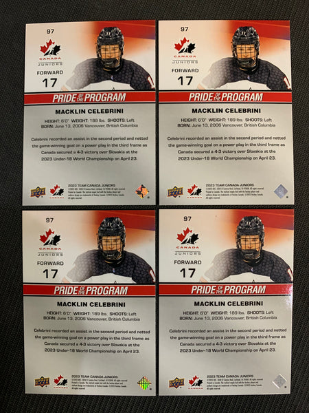 2023 UPPER DECK TEAM CANADA JUNIORS HOCKEY #97 - MACKLIN CELEBRINI LOT OF 4