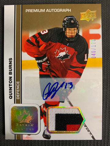 2023 UPPER DECK TEAM CANADA JUNIORS HOCKEY #35 - QUINTON BURNS PREMIUM AUTOGRAPH PATCH #'D 040/175