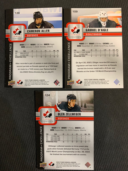 2023 UPPER DECK TEAM CANADA JUNIORS HOCKEY PROGRAM OF EXCELLENCE EXCLUSIVES LOT OF 3
