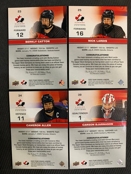 2023 UPPER DECK TEAM CANADA JUNIORS HOCKEY - PATCH PARALLELS LOT OF 4