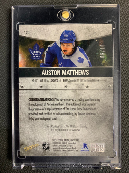 2021-22 UD SKYBOX METAL UNIVERSE HOCKEY #120 TORONTO MAPLE LEAFS - AUSTON MATTHEWS GREEN SSP PARALLEL AUTOGRAPH #'D 06/10