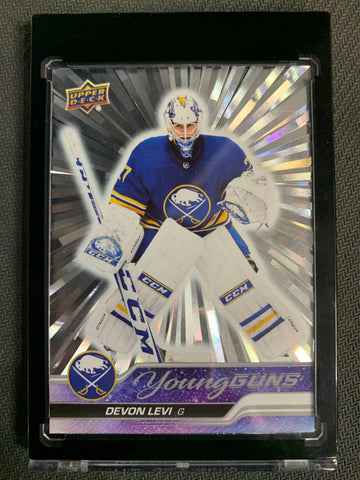 2023-24 UPPER DECK SERIES 1 HOCKEY #237 BUFFALO SABRES - DEVON LEVI SILVER OUTBURST YOUNG GUNS ROOKIE