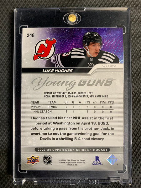 2023-24 UPPER DECK SERIES 1 HOCKEY #248 NEW JERSEY DEVILS - LUKE HUGHES YOUNG GUNS ROOKIE