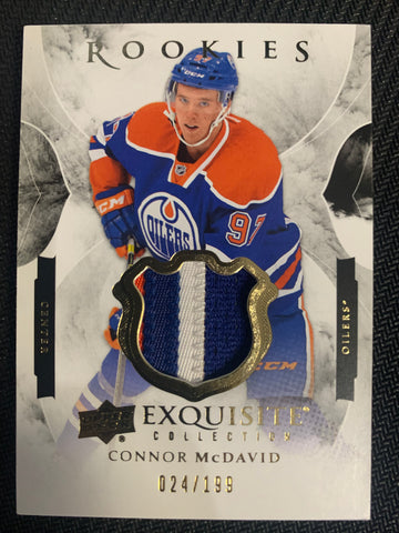 2015-16 UD EXQUISITE COLLECTION HOCKEY #R-CM EDMONTON OILERS - CONNOR MCDAVID 2 COLOUR PATCH ROOKIE CARD #'D 024/199