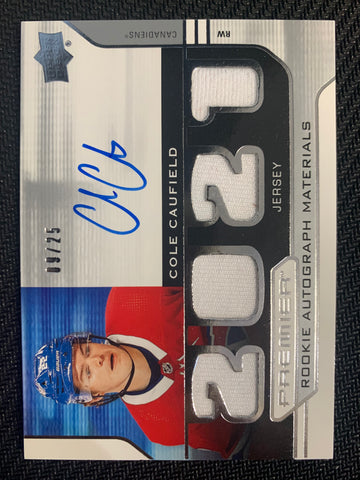 2021-22 UPPER DECK PREMIER HOCKEY #PRA-CC MONTREAL CANADIENS - COLE CAUFIELD ROOKIE AUTOGRAPH MATERIALS #'D 09/25