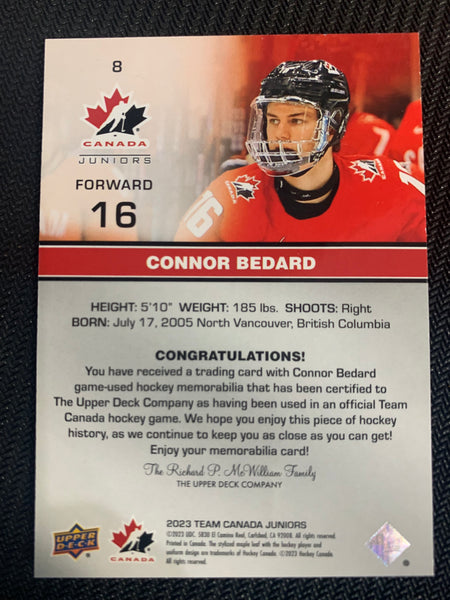 2023 UPPER DECK TEAM CANADA JUNIORS HOCKEY #8 - CONNOR BEDARD GAME USED JERSEY CARD