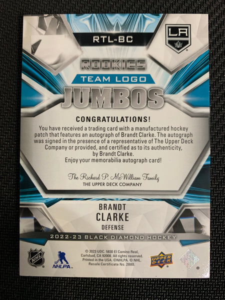 2022-23 UD BLACK DIAMOND HOCKEY #RTL-BC LOS ANGELES KINGS - BRANDT CLARKE TEAM LOGO JUMBOS ROOKIE AUTO PATCH #'D 57/99