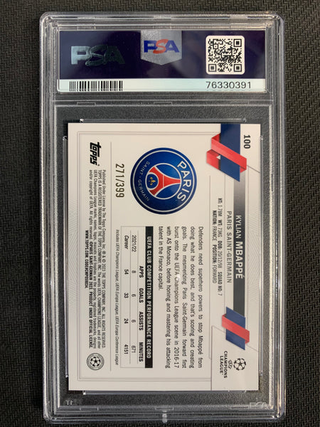 2022-23 TOPPS UEFA CLUB COMPETITION SOCCER #100 - PSA - KYLIAN MBAPPE ICY AQUA FOIL 271/399 - GRADED PSA 10 GEM MINT