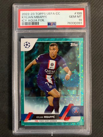 2022-23 TOPPS UEFA CLUB COMPETITION SOCCER #100 - PSA - KYLIAN MBAPPE ICY AQUA FOIL 271/399 - GRADED PSA 10 GEM MINT