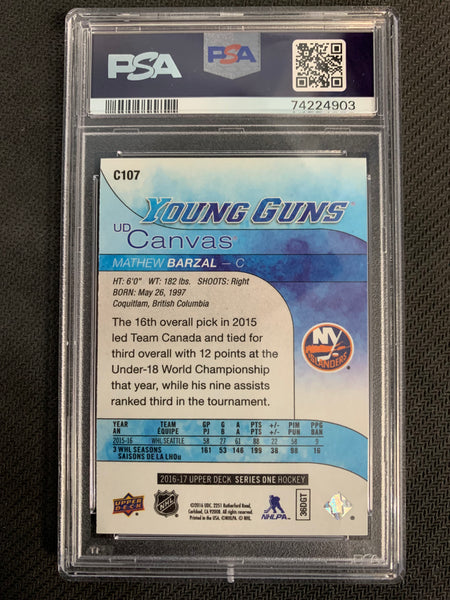 2016-17 UPPER DECK HOCKEY #C107 NEW YORK ISLANDERS - MATHEW BARZAL CANVAS YOUNG GUNS ROOKIE CARD GRADED PSA 10 GEM MINT