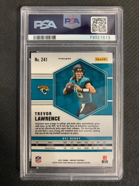 2021 MOSAIC FOOTBALL #241 JACKSONVILLE JAGUARS - TREVOR LAWRENCE NO HUDDLE SILVER PRIZM ROOKIE GRADED PSA 9 MINT