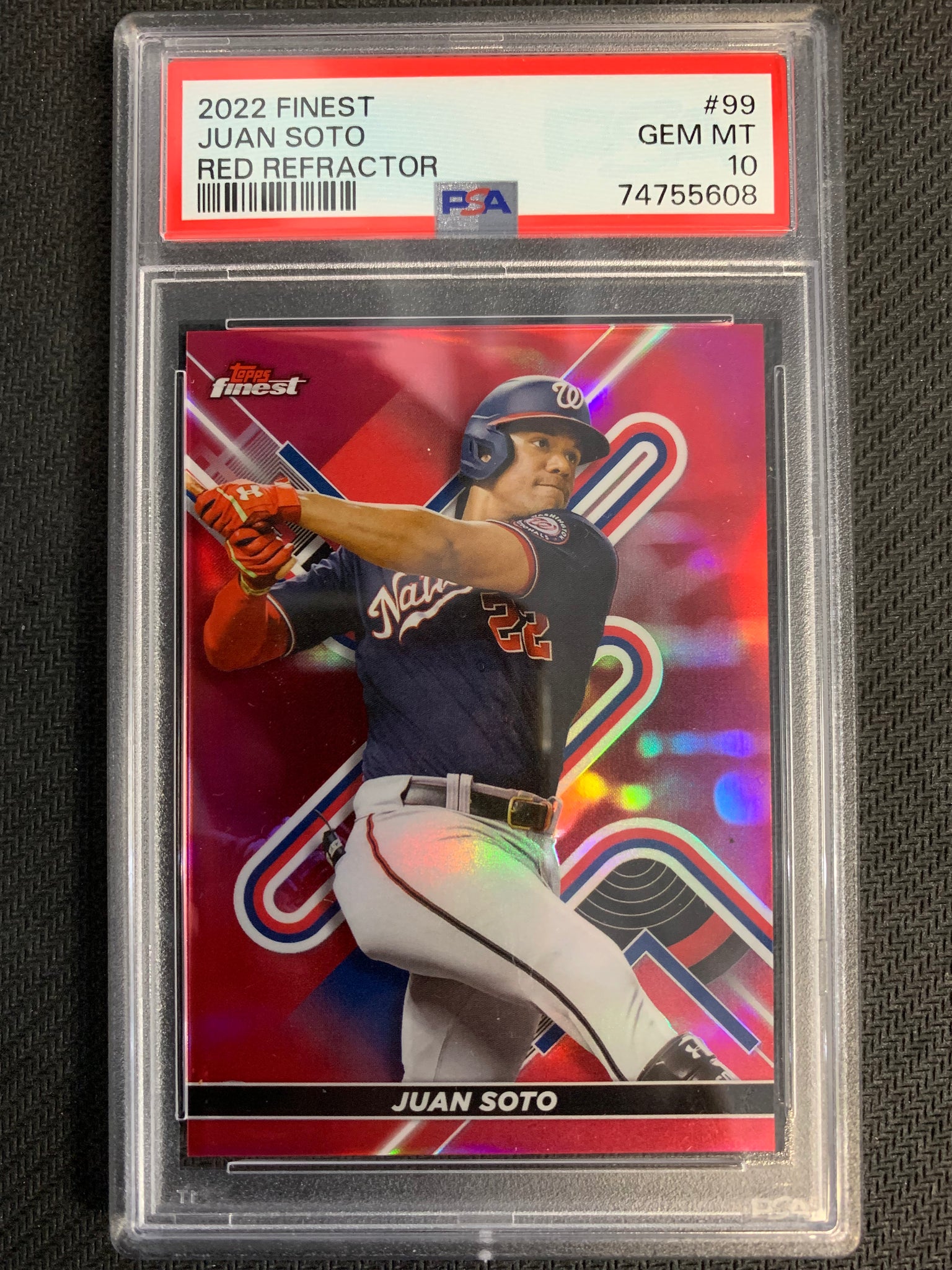 2022 TOPPS FINEST BASEBALL #99 WASHINGTON NATIONALS - JUAN SOTO RED REFRACTOR NUMBERED 1/5 GRADED PSA 10 GEM MINT
