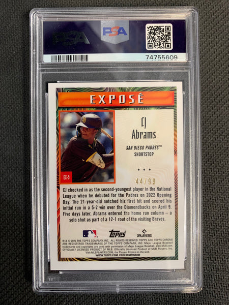 2022 TOPPS CHROME SONIC BASEBALL #EX-5 SAN DIEGO PADRES - CJ ABRAMS EXPOSE-GREEN ROOKIE CARD 44/99 GRADED PSA 10 GEM MINT