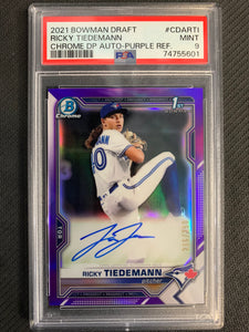 2021 BOWMAN DRAFT BASEBALL #CDA-RTI TORONTO BLUE JAYS - RICKY TIEDEMANN BOWMAN 1ST PURPLE REFRACTOR AUTO 216/250 GRADED PSA 9 MINT