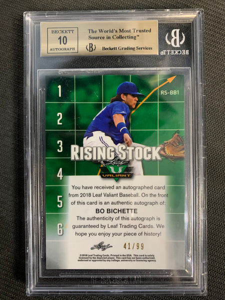 2018 LEAF VALIANT BASEBALL #RS-BB1 TORONTO BLUE JAYS - BO BICHETTE RISING STOCK GREEN AUTO NUMBERED 41/99 GRADED BGS 10 PRISTINE