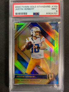 2020 PANINI GOLD STANDARD FOOTBALL #103 LOS ANGELES CHARGERS - JUSTIN HERBERT GOLD ROOKIE NUMBERED 50/99 GRADED PSA 9 MINT