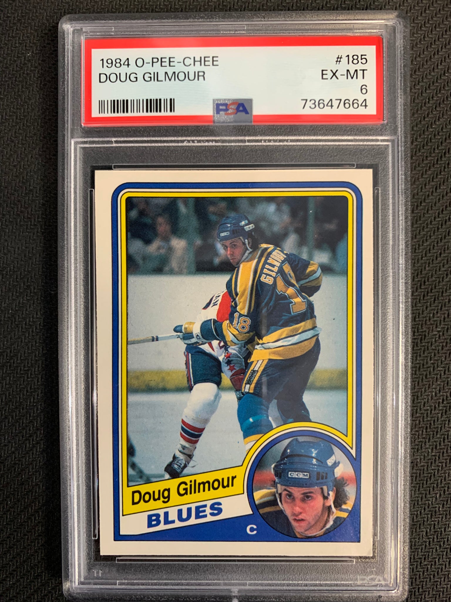 1984-85 O-PEE-CHEE HOCKEY #185 ST. LOUIS BLUES - DOUG GILMOUR ROOKIE CARD GRADED PSA 6 EX-MT