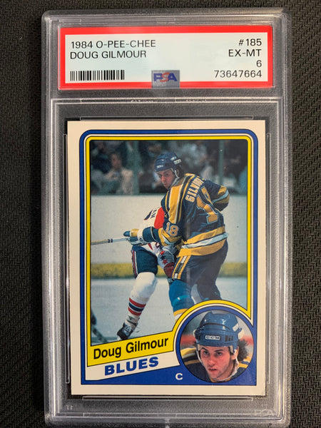 1984-85 O-PEE-CHEE HOCKEY #185 ST. LOUIS BLUES - DOUG GILMOUR ROOKIE CARD GRADED PSA 6 EX-MT