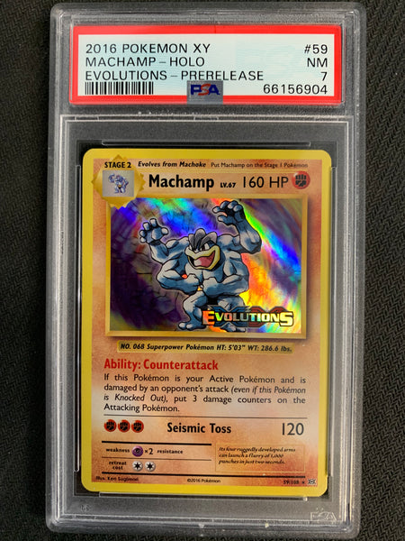 2016 POKEMON XY EVOLUTIONS PRE-RELEASE MACHAMP HOLO RARE - #59 GRADED PSA 7 NM