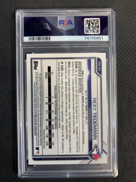 2021 BOWMAN DRAFT BASEBALL #CDA-RTI TORONTO BLUE JAYS - RICKY TIEDEMANN BOWMAN 1ST PURPLE REFRACTOR AUTO 216/250 GRADED PSA 9 MINT