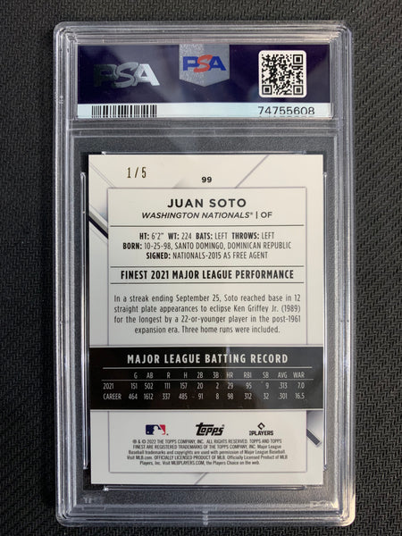 2022 TOPPS FINEST BASEBALL #99 WASHINGTON NATIONALS - JUAN SOTO RED REFRACTOR NUMBERED 1/5 GRADED PSA 10 GEM MINT