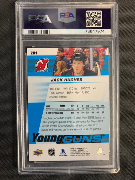 2019-20 UPPER DECK HOCKEY #201 NEW JERSEY DEVILS - JACK HUGHES YOUNG GUNS ROOKIE CARD GRADED PSA 10 GEM MINT