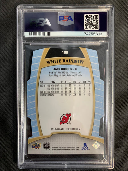 2019-20 UPPER DECK ALLURE HOCKEY #100 NEW JERSEY DEVILS - JACK HUGHES YOUNG WHITE RAINBOW PARALLEL ROOKIE CARD GRADED PSA 10 GEM MINT