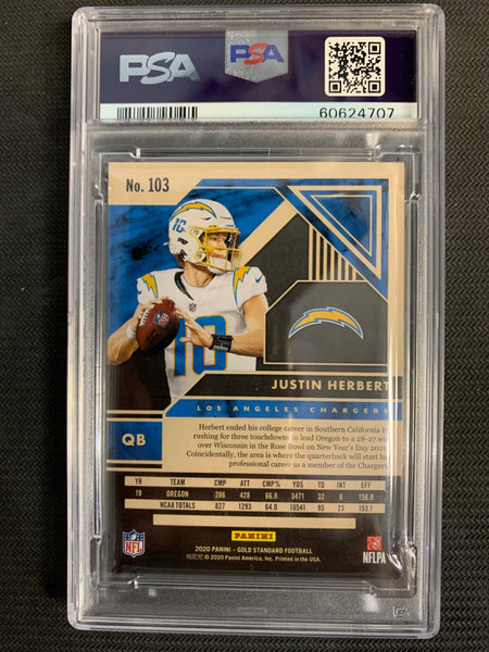 2020 PANINI GOLD STANDARD FOOTBALL #103 LOS ANGELES CHARGERS - JUSTIN HERBERT GOLD ROOKIE NUMBERED 50/99 GRADED PSA 9 MINT