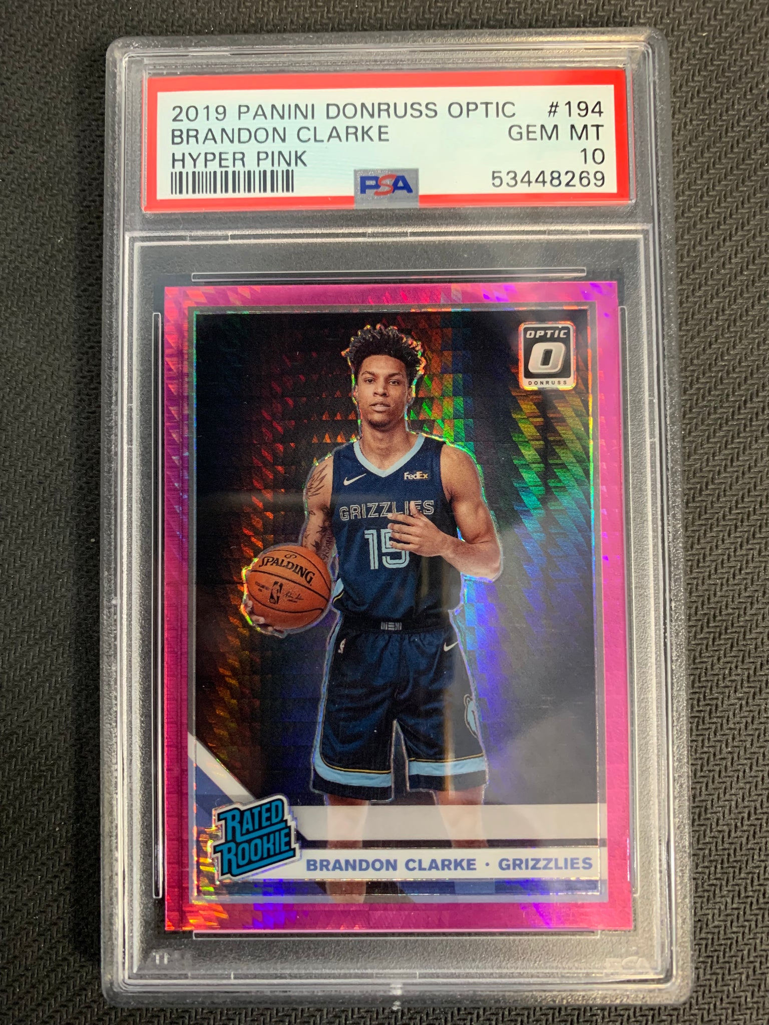 2019 DONRUSS OPTIC BASKETBALL #194 MEMPHIS GRIZZLIES - BRANDON CLARKE HYPER PINK RATED ROOKIE GRADED PSA 10 GEM MINT