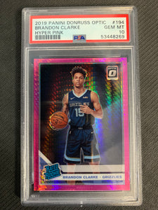 2019 DONRUSS OPTIC BASKETBALL #194 MEMPHIS GRIZZLIES - BRANDON CLARKE HYPER PINK RATED ROOKIE GRADED PSA 10 GEM MINT