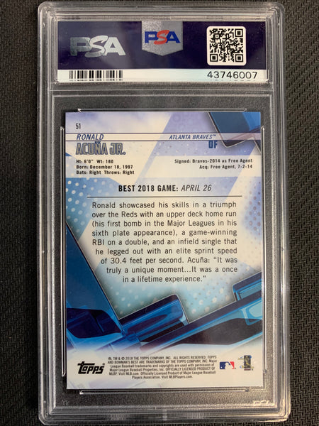 2018 BOWMAN'S BEST BASEBALL #51 ATLANTA BRAVES - RONALD ACUNA JR ROOKIE CARD GRADED PSA 10 GEM MINT