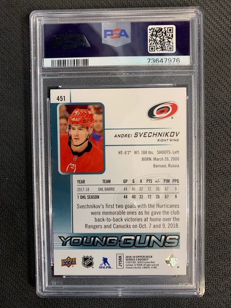 2018-19 UPPER DECK S2 HOCKEY #451 CAROLINA HURRICANES - ANDREI SVECHNIKOV YOUNG GUNS ROOKIE CARD GRADED PSA 9 MINT