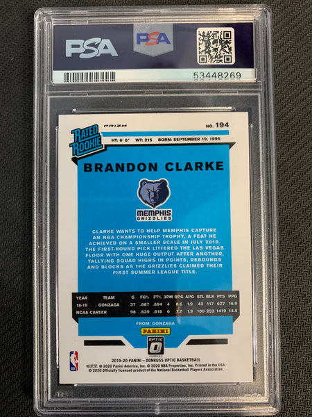2019 DONRUSS OPTIC BASKETBALL #194 MEMPHIS GRIZZLIES - BRANDON CLARKE HYPER PINK RATED ROOKIE GRADED PSA 10 GEM MINT