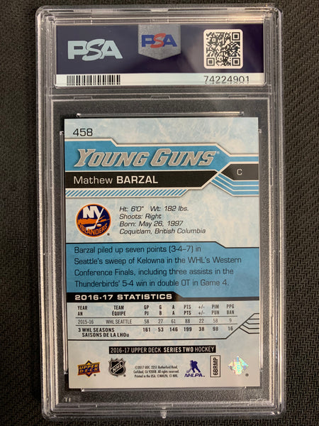 2016-17 UPPER DECK HOCKEY #458 NEW YORK ISLANDERS - MATHEW BARZAL YOUNG GUNS ROOKIE CARD GRADED PSA 10 GEM MINT