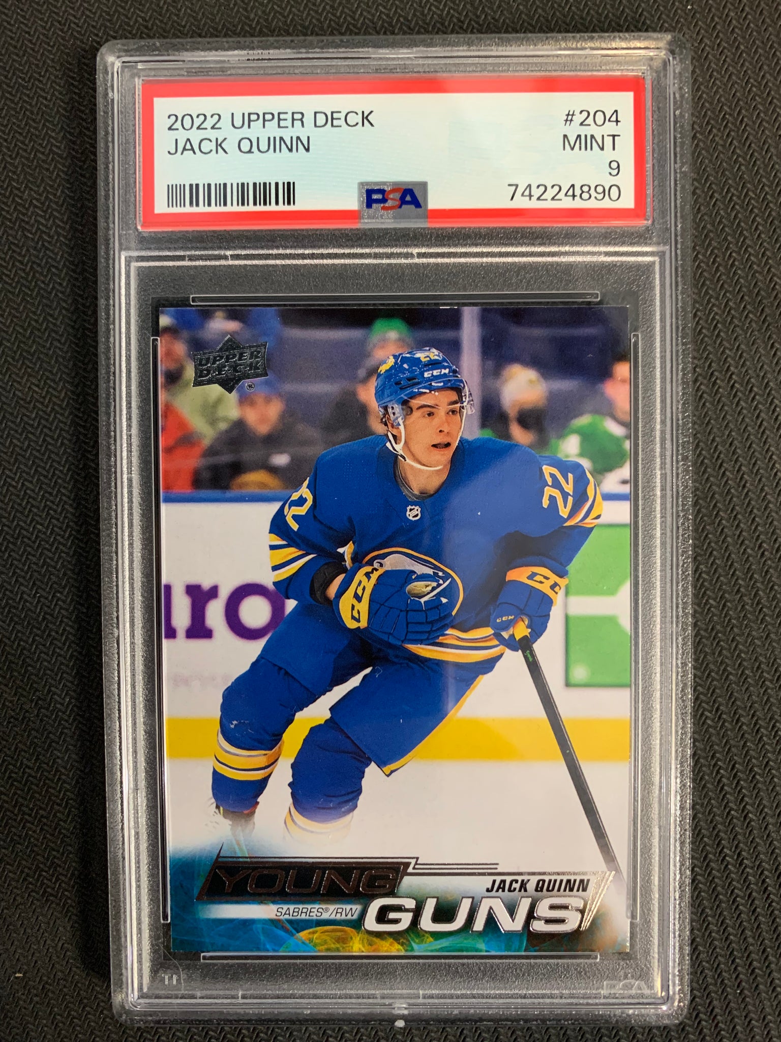2022-23 UPPER DECK HOCKEY #204 BUFFALO SABRES  - JACK QUINN BLACK YOUNG GUNS ROOKIE GRADED PSA 9 MINT