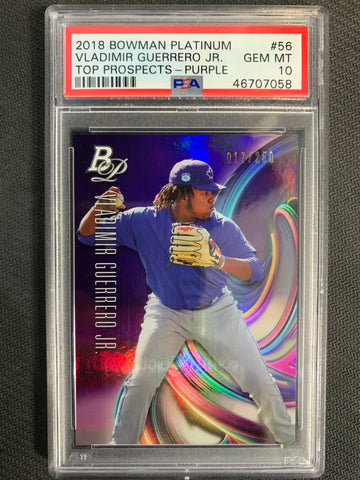 2018 BOWMAN PLATINUM BASEBALL #56 TORONTO BLUE JAYS - VLADIMIR GUERRERO TOP PROSPECTS PURPLE NUMBERED 017/250 GRADED PSA 10 GEM MINT