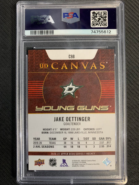2020-21 UPPER DECK SERIES 1 HOCKEY #C98 DALLAS STARS - JAKE OETTINGER YOUNG GUNS CANVAS ROOKIE GRADED PSA 10 GEM MINT